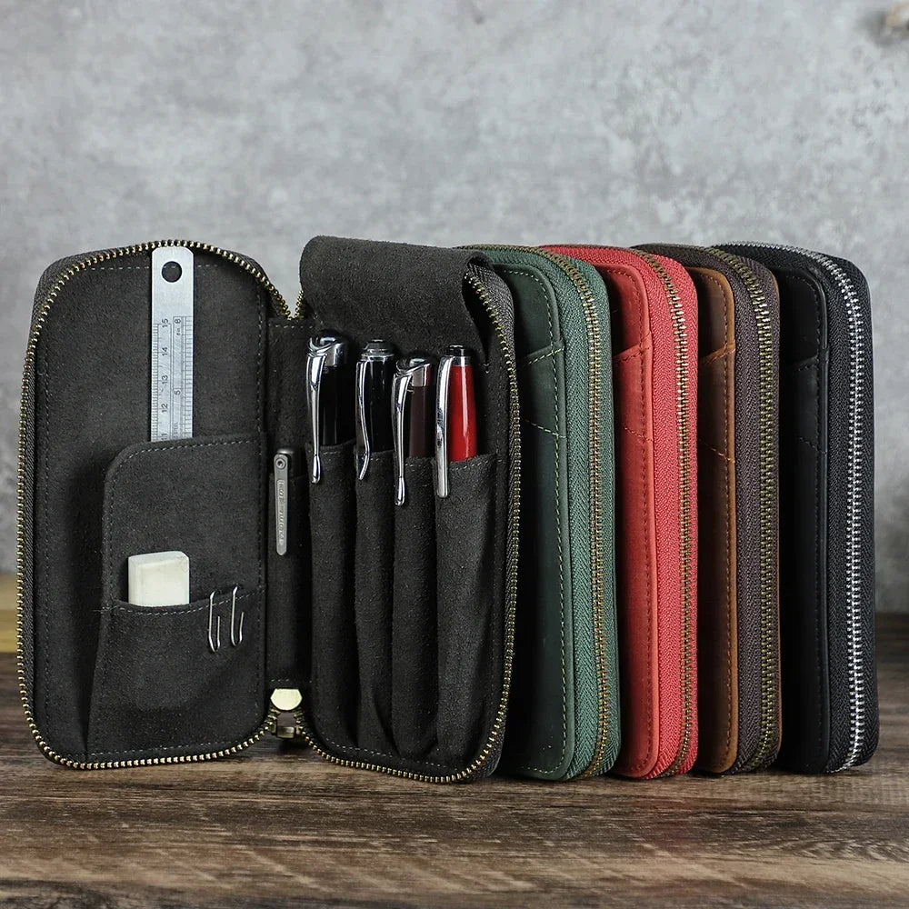 Men’s Leather Pencil Case - 4-Slot Zip Pouch with Card Holder