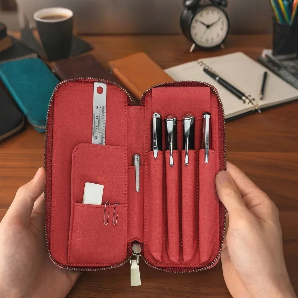 Men’s Leather Pencil Case - 4-Slot Zip Pouch with Card Holder