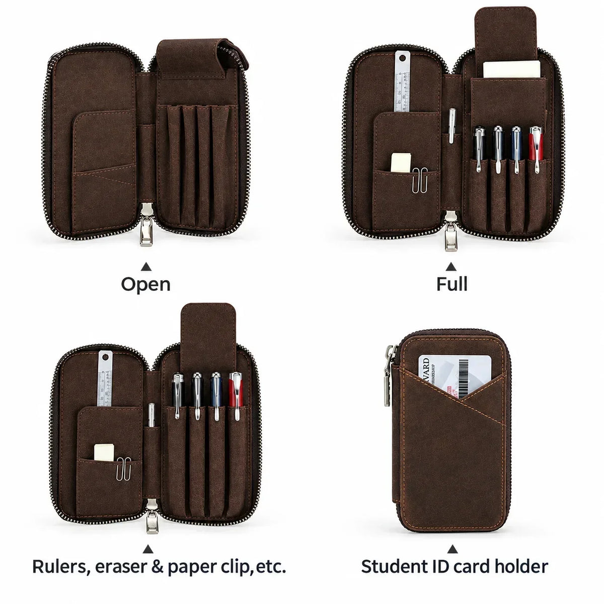 Men’s Leather Pencil Case - 4-Slot Zip Pouch with Card Holder