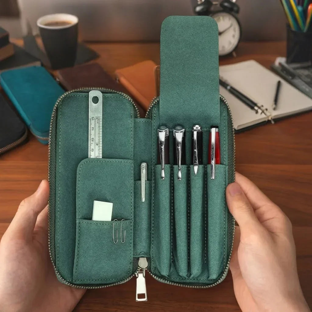 Men’s Leather Pencil Case - 4-Slot Zip Pouch with Card Holder