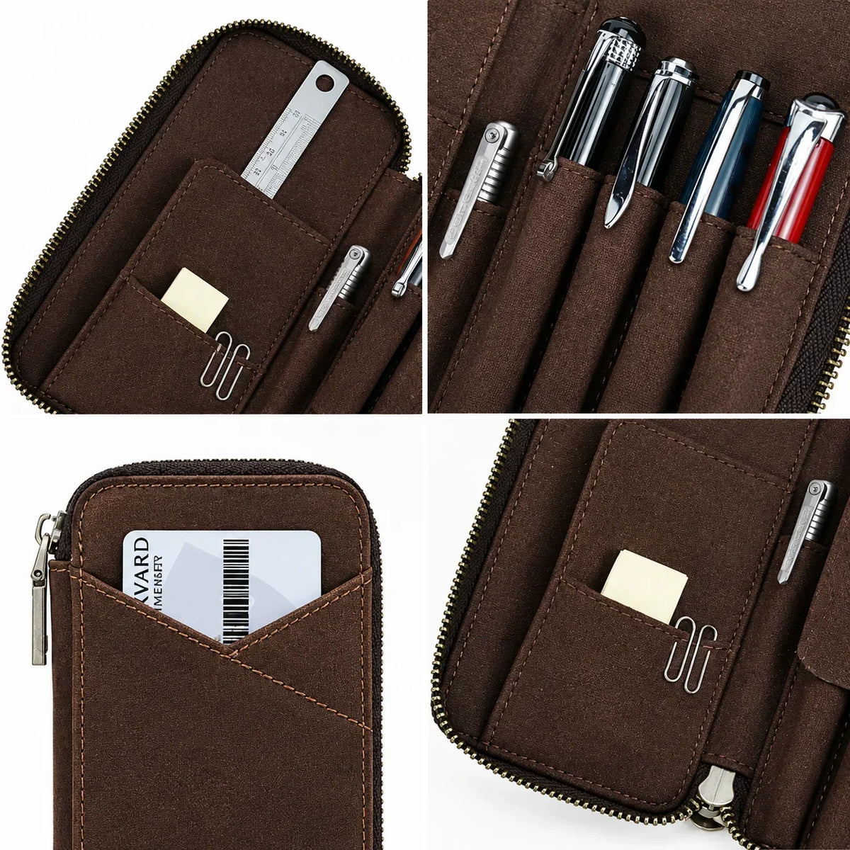 Men’s Leather Pencil Case - 4-Slot Zip Pouch with Card Holder