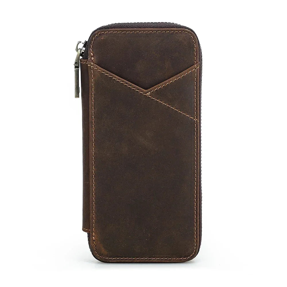 Men’s Leather Pencil Case - 4-Slot Zip Pouch with Card Holder - Coffee