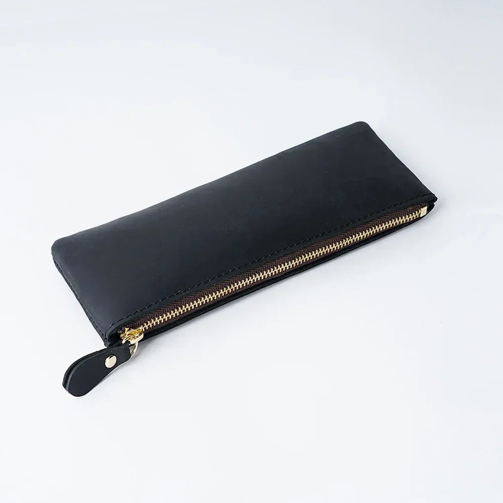 Men’s Leather Pencil Case - Crazy Horse Zip Pouch - Black