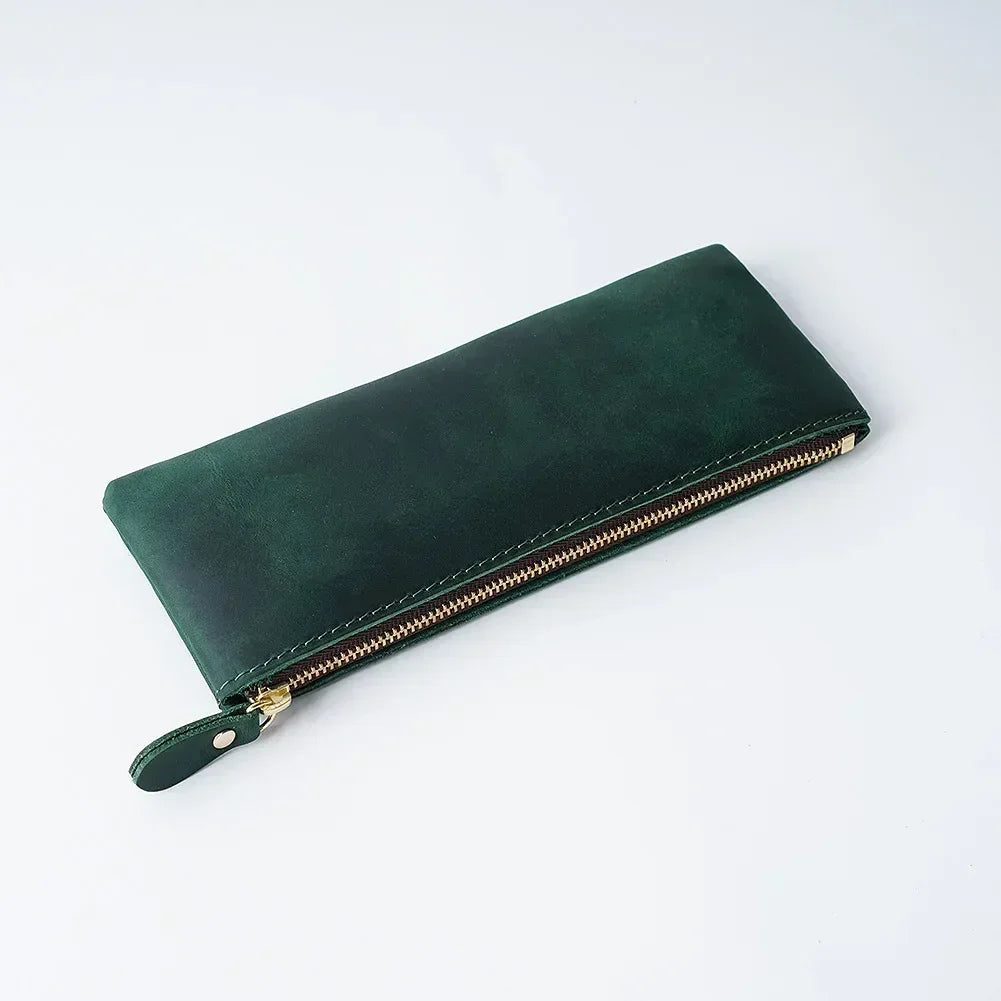 Men’s Leather Pencil Case - Crazy Horse Zip Pouch - Green