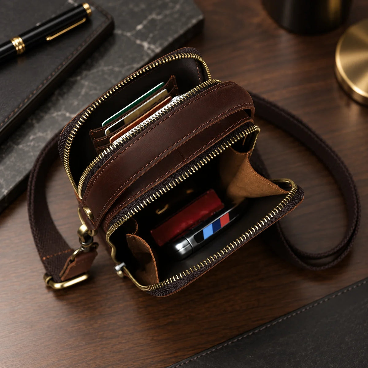 Men’s Leather Phone Crossbody Bag – Vertical Card Slot Carry