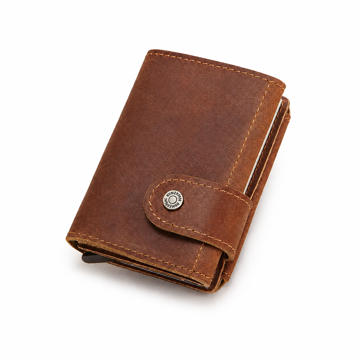 Brown leather wallet with a metallic clasp on a light gray background