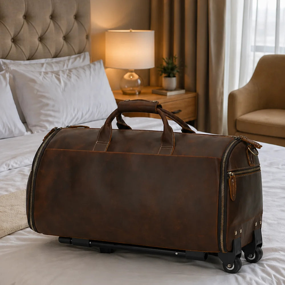 Men’s Leather Rolling Duffle Bag – Wheeled Weekender Travel Bag