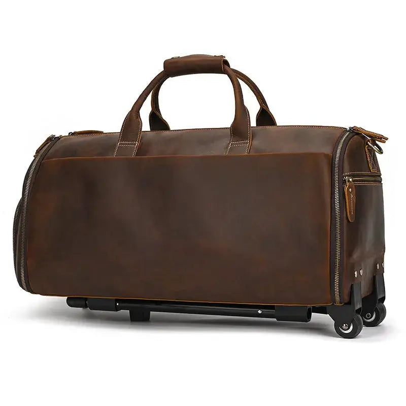 Men’s Leather Rolling Duffle Bag – Wheeled Weekender Travel Bag