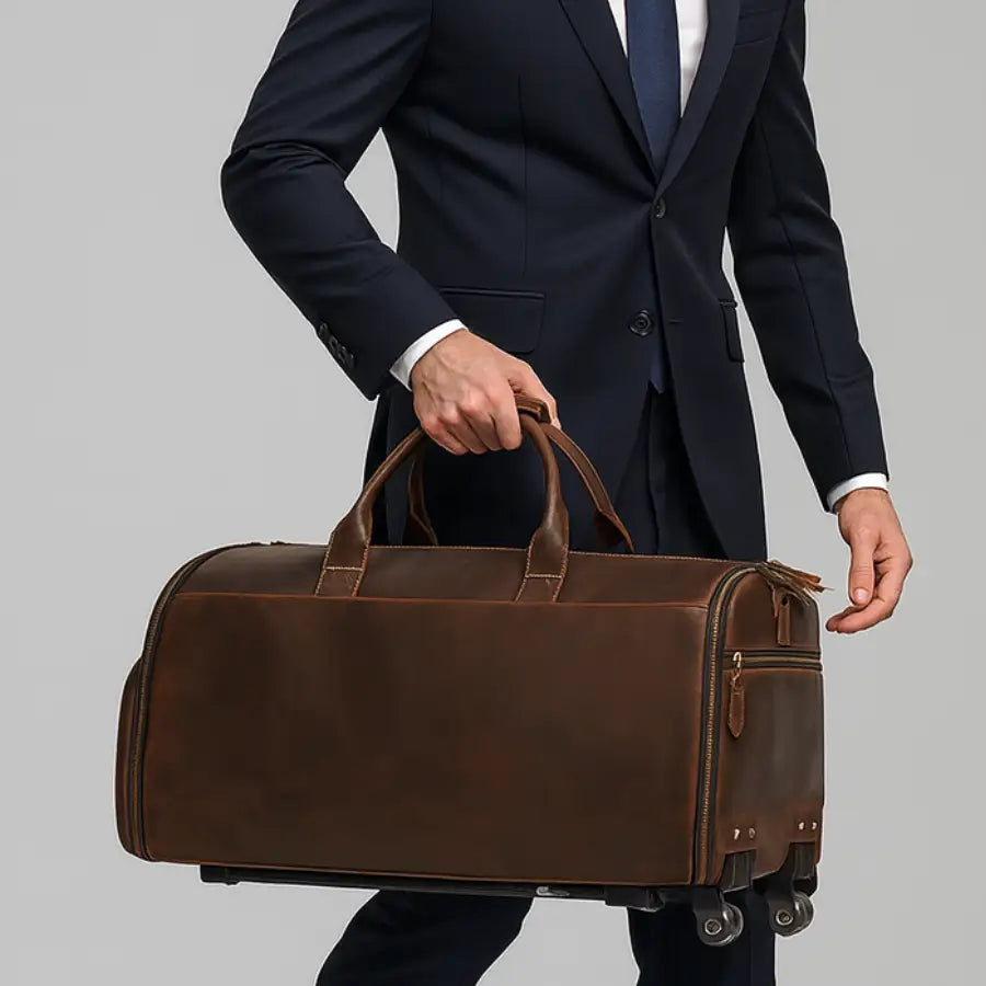 Men’s Leather Rolling Duffle Bag – Wheeled Weekender Travel Bag