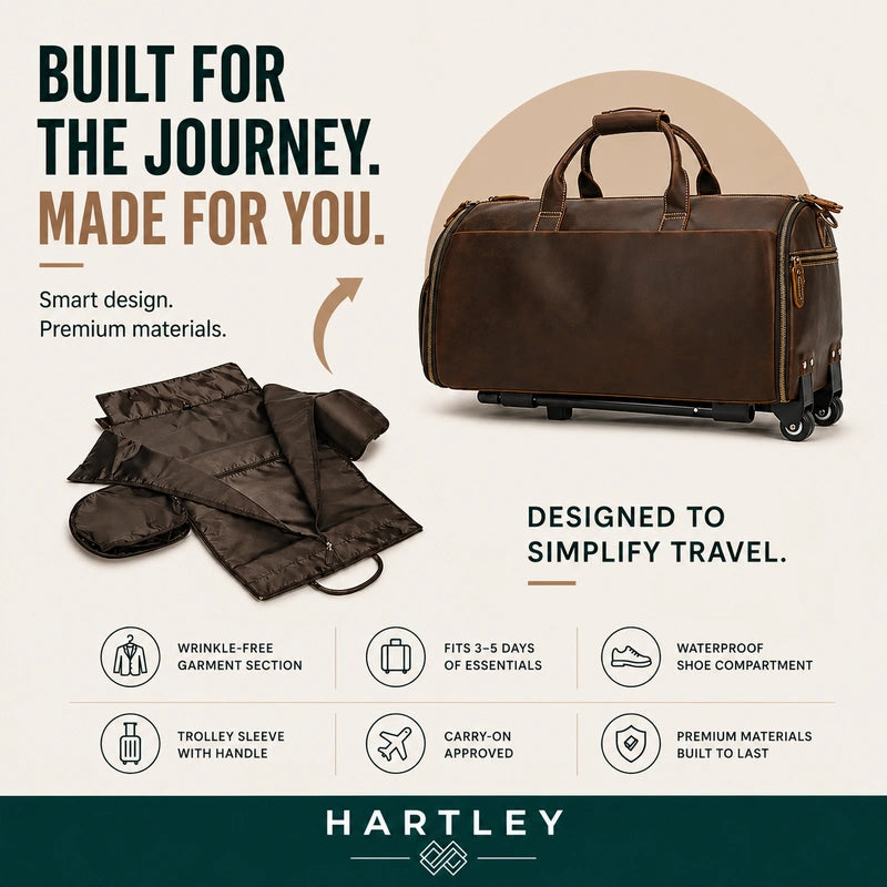 Men’s Leather Rolling Duffle Bag – Wheeled Weekender Travel Bag