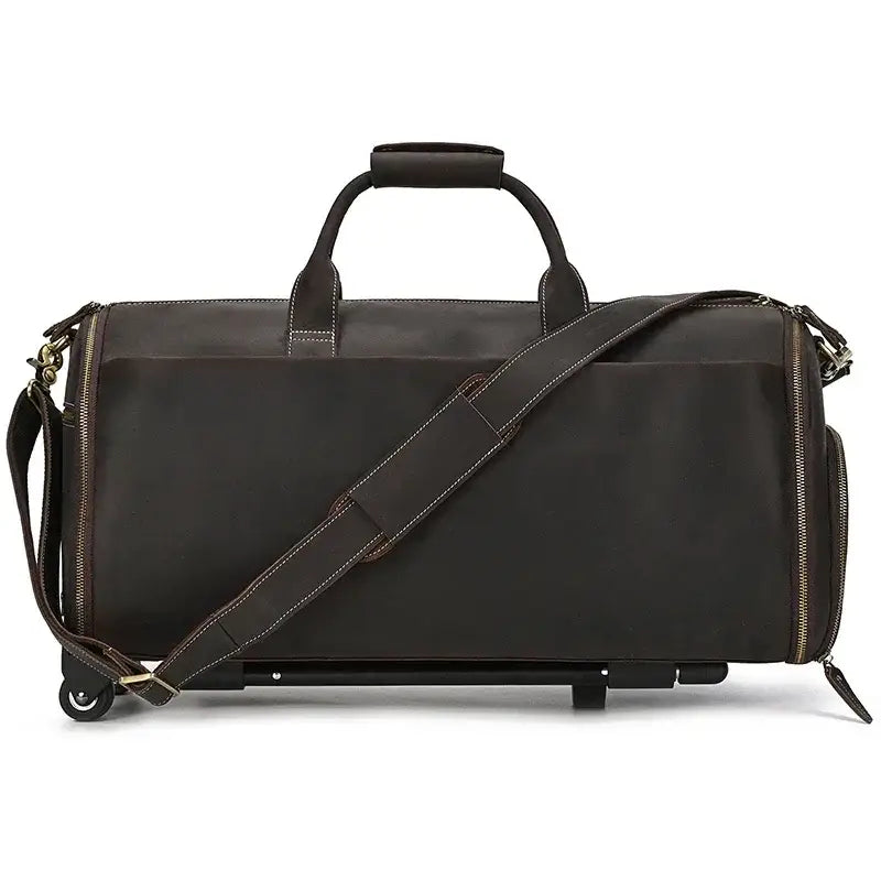 Men’s Leather Rolling Duffle Bag – Wheeled Weekender Travel Bag - Dark brown