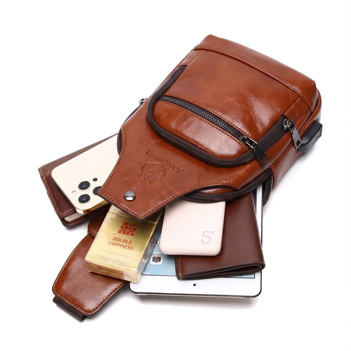 Men’s Leather Sling Bag - Compact Diagonal Carry with Rear Zip Pocket