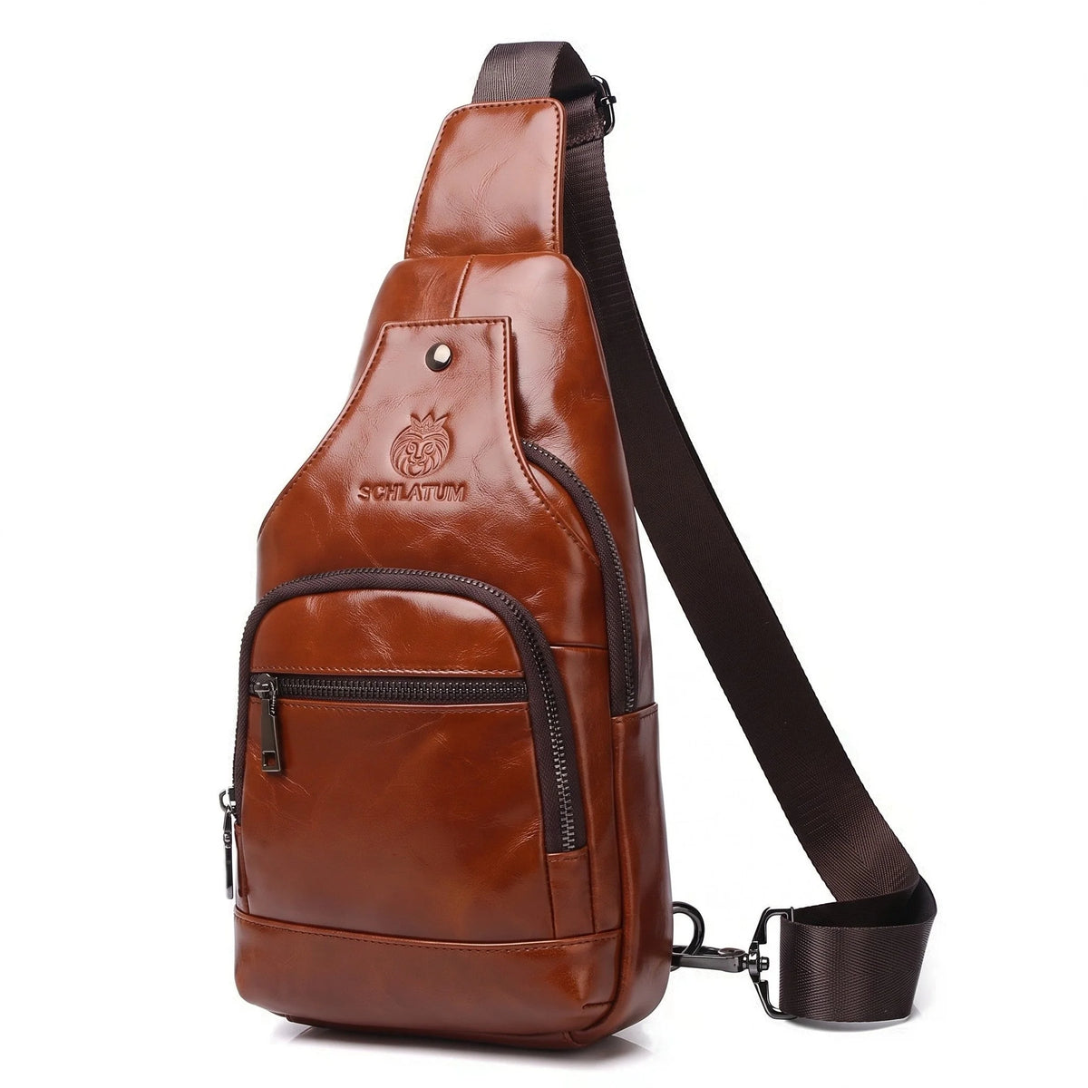 Men’s Leather Sling Bag - Compact Diagonal Carry with Rear Zip Pocket - Cognac