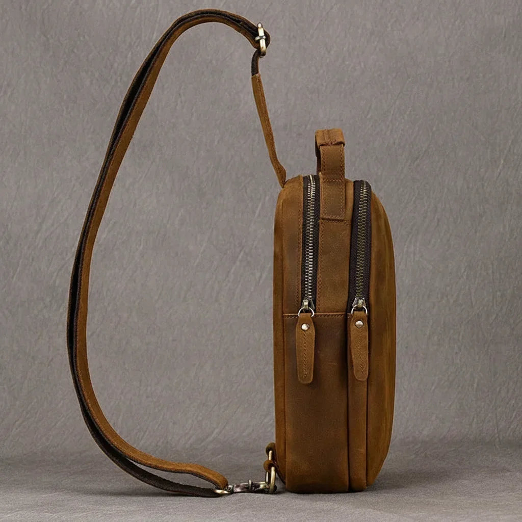 Men’s Leather Sling Bag - Crazy Horse Chest Bag 3-Pocket