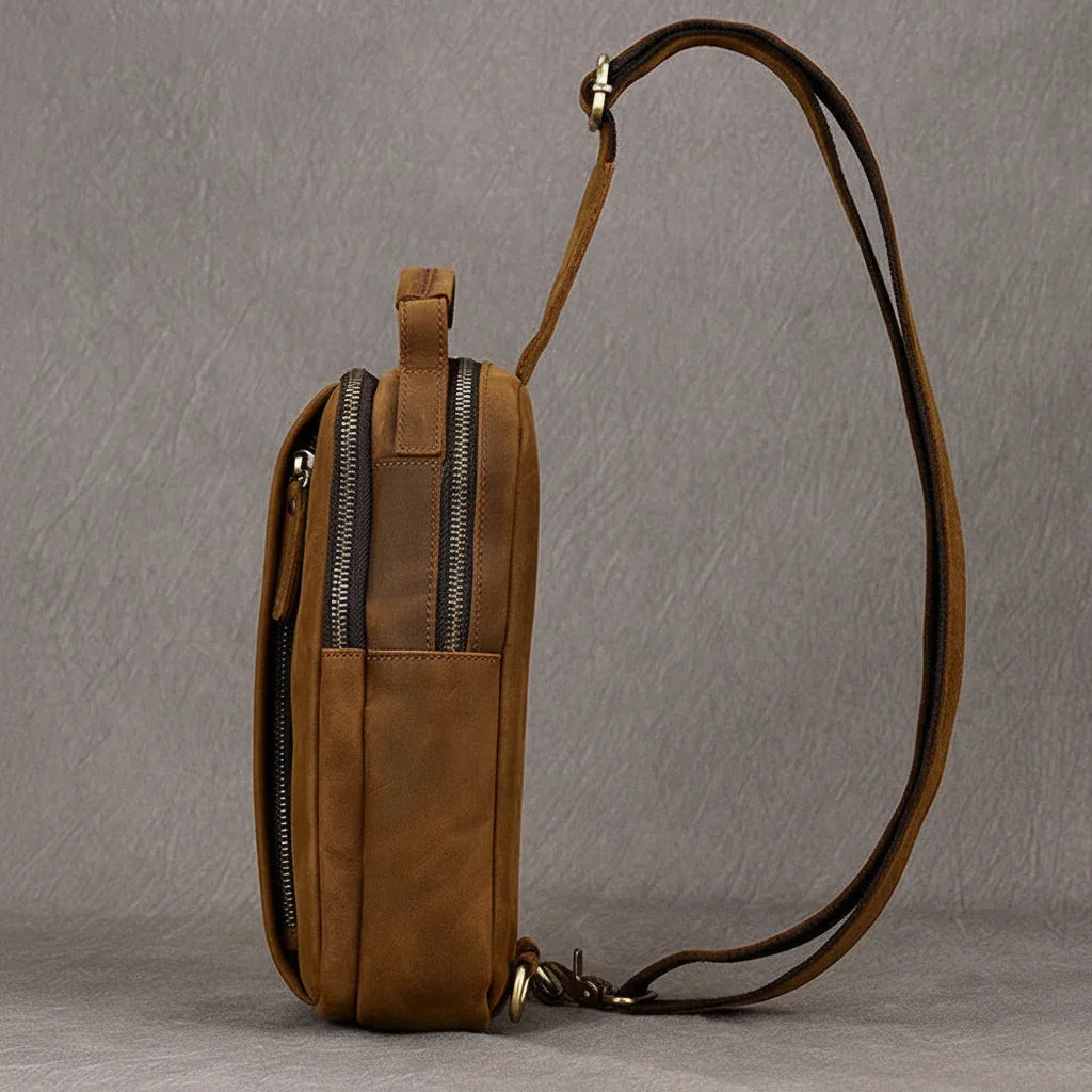 Men’s Leather Sling Bag - Crazy Horse Chest Bag 3-Pocket