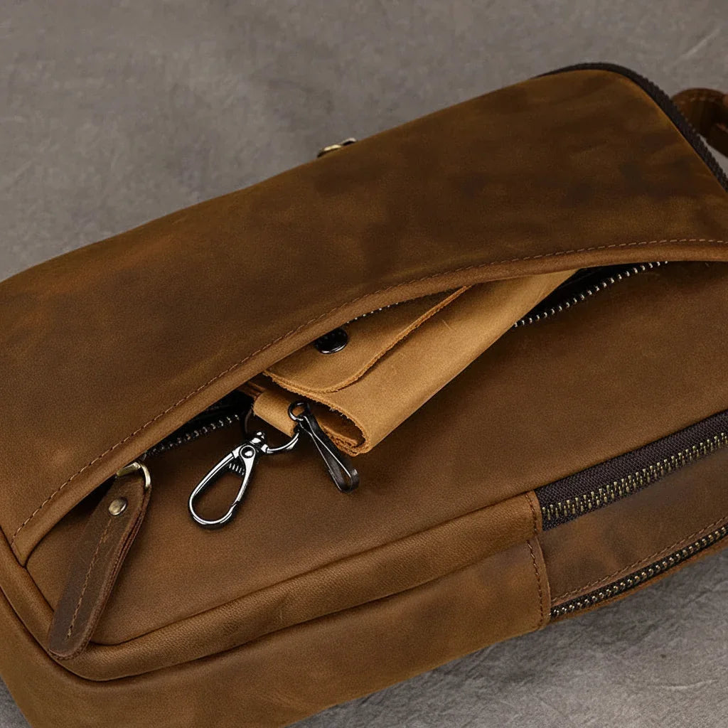Men’s Leather Sling Bag - Crazy Horse Chest Bag 3-Pocket