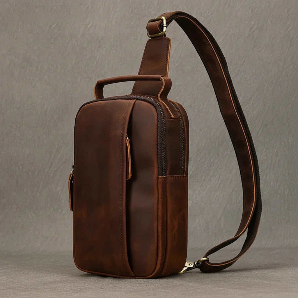 Men’s Leather Sling Bag - Crazy Horse Chest Bag 3-Pocket