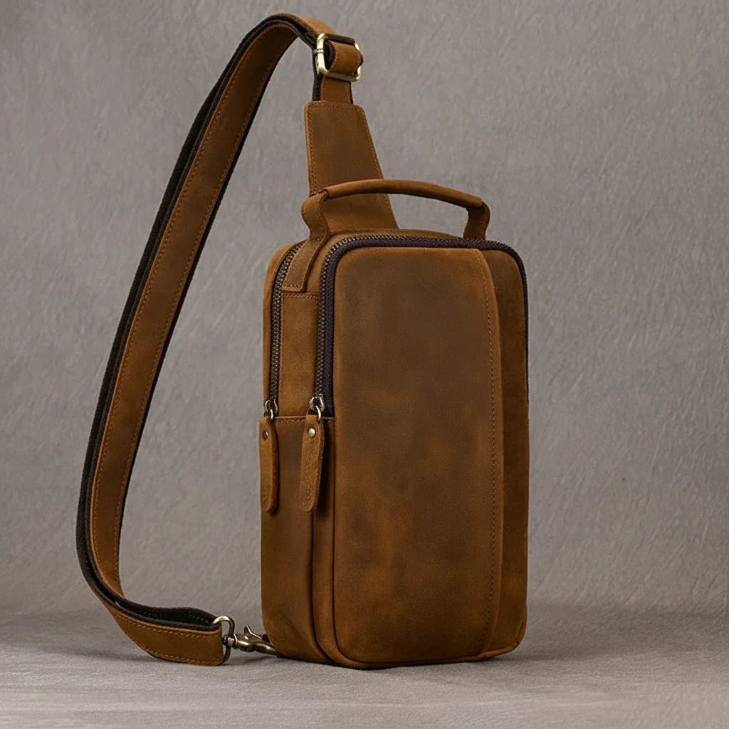 Men’s Leather Sling Bag - Crazy Horse Chest Bag 3-Pocket