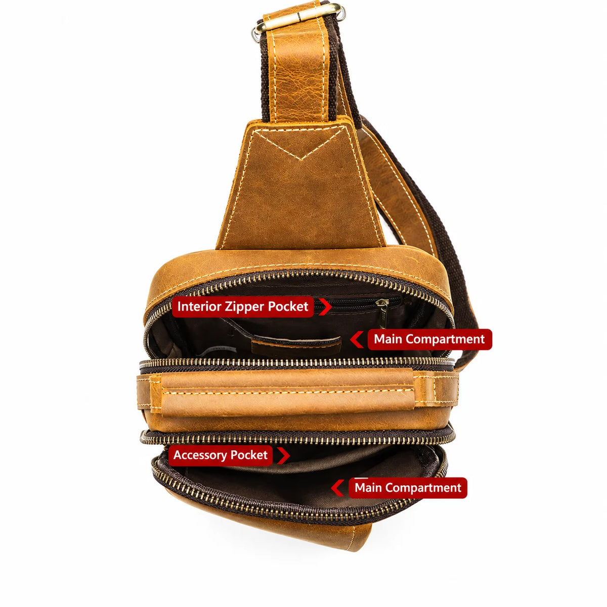 Men’s Leather Sling Bag - Crazy Horse Chest Bag 3-Pocket