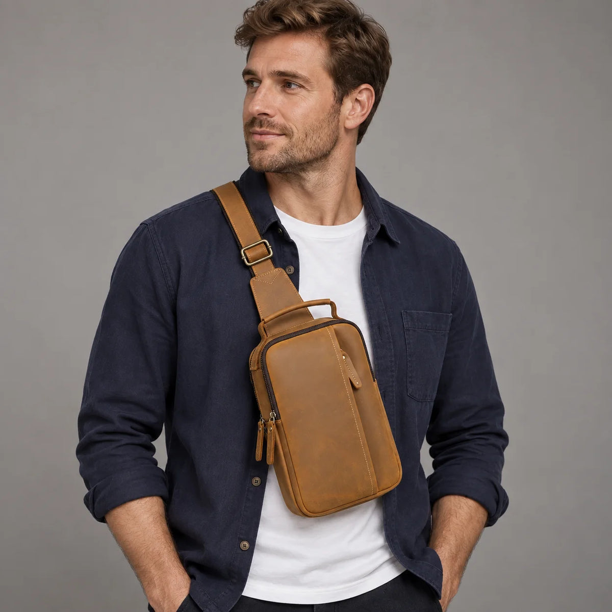 Men’s Leather Sling Bag - Crazy Horse Chest Bag 3-Pocket