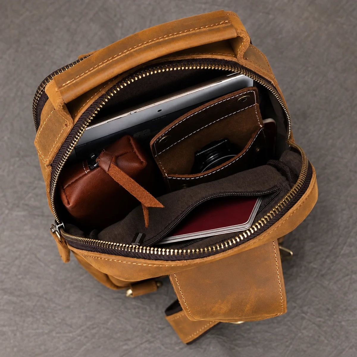 Men’s Leather Sling Bag - Crazy Horse Chest Bag 3-Pocket