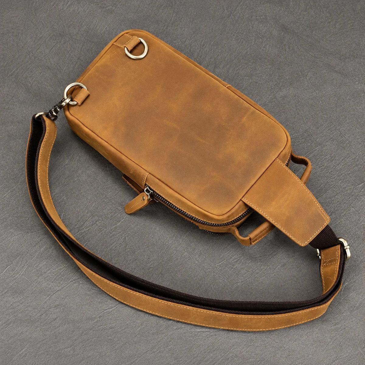 Men’s Leather Sling Bag - Crazy Horse Chest Bag 3-Pocket