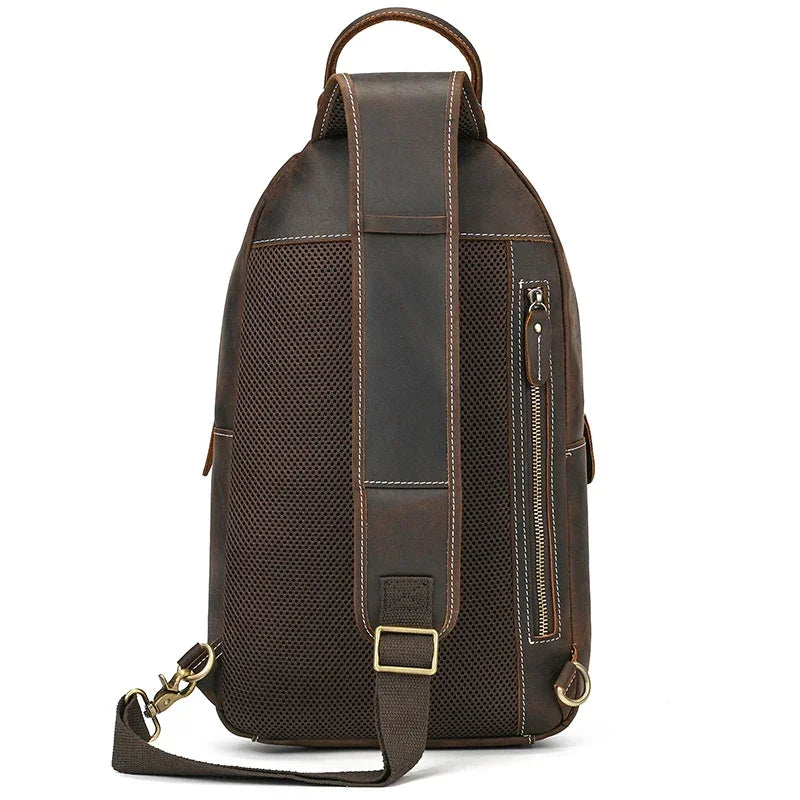 Men’s Leather Sling Bag - Crazy Horse Chest Bag with Front Pockets