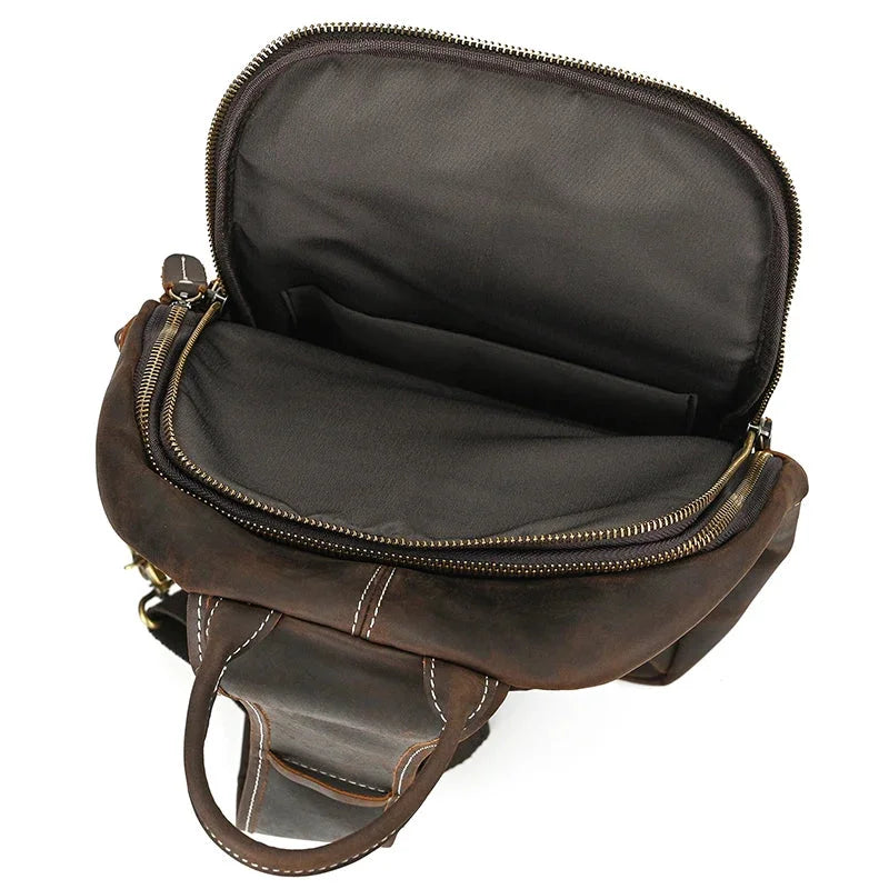 Men’s Leather Sling Bag - Crazy Horse Chest Bag with Front Pockets