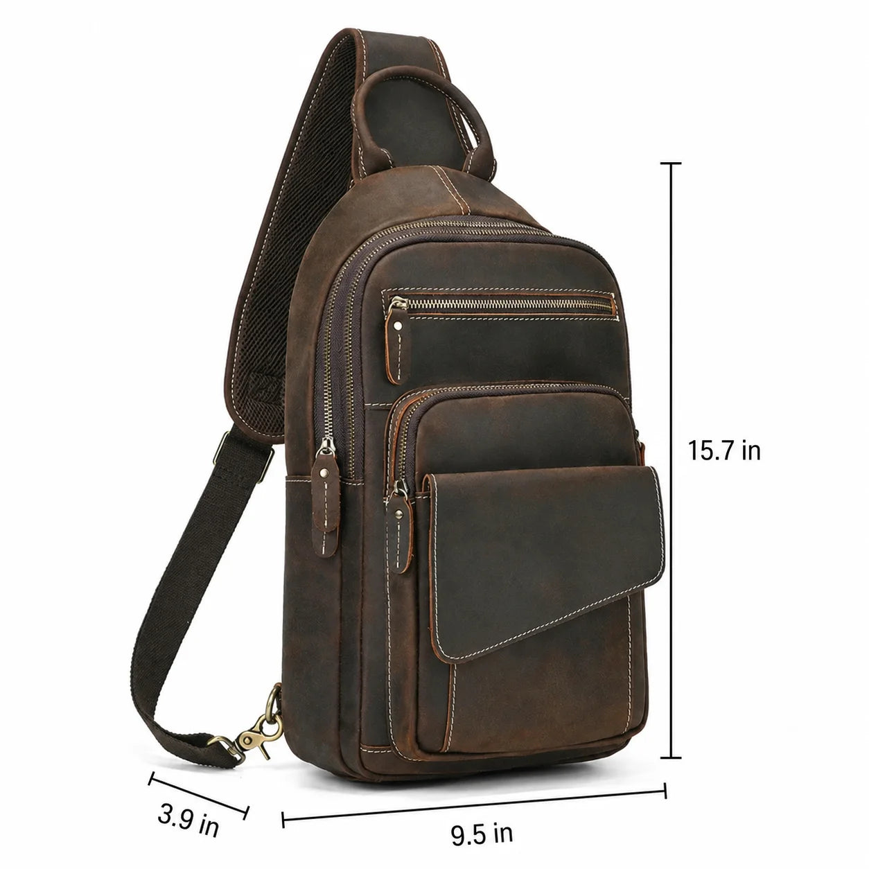 Men’s Leather Sling Bag - Crazy Horse Chest Bag with Front Pockets