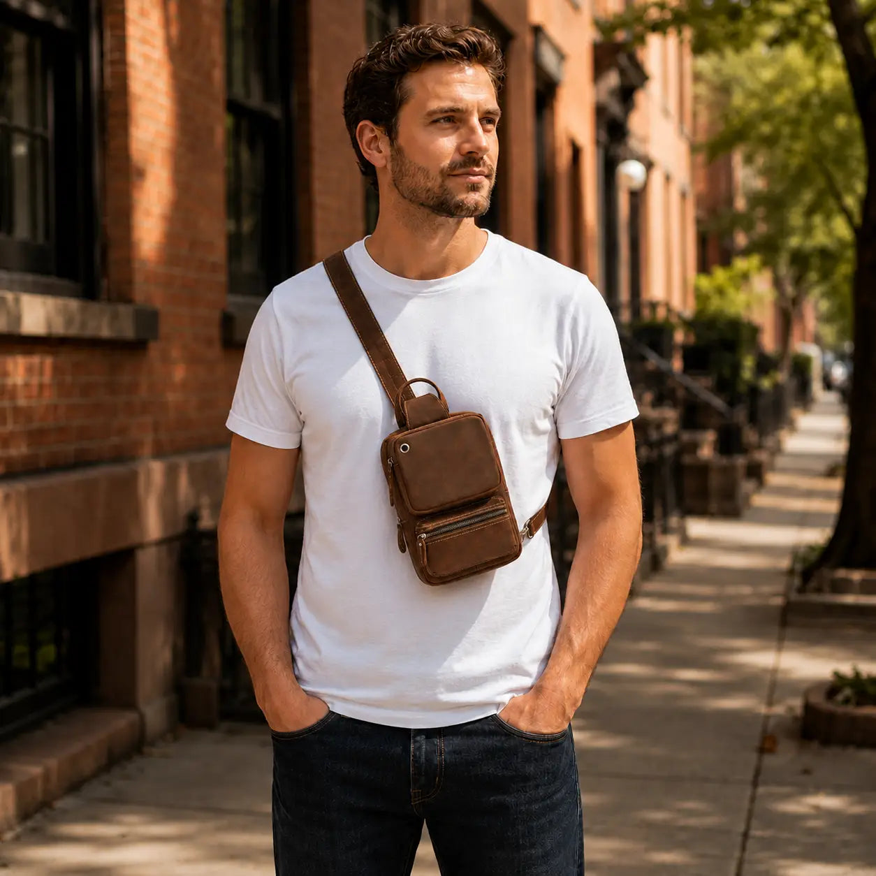 Men’s Leather Sling Bag – Crazy Horse Crossbody Chest Bag