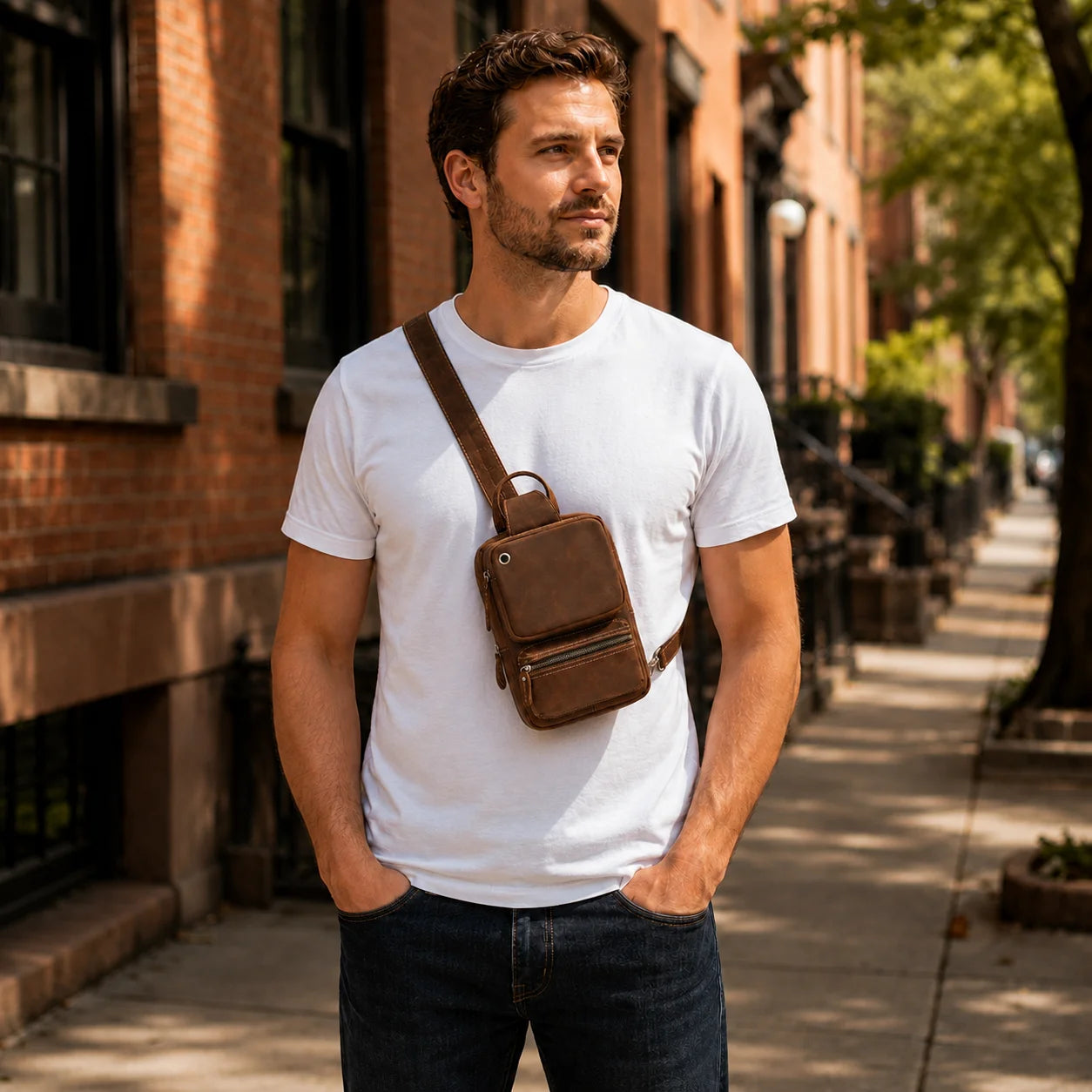 Men’s Leather Sling Bag – Crazy Horse Crossbody Chest Bag