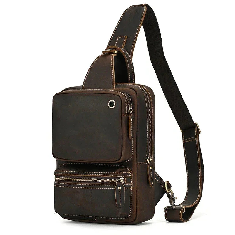 Men’s Leather Sling Bag – Crazy Horse Crossbody Chest Bag - Dark Brown