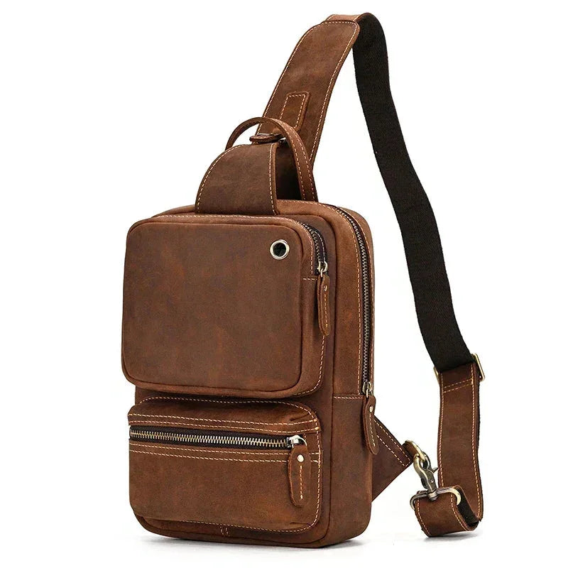 Men’s Leather Sling Bag – Crazy Horse Crossbody Chest Bag - Light Brown