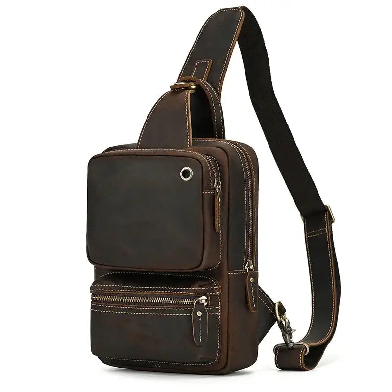 Men’s Leather Sling Bag – Crazy Horse Crossbody Chest Bag - Dark Brown