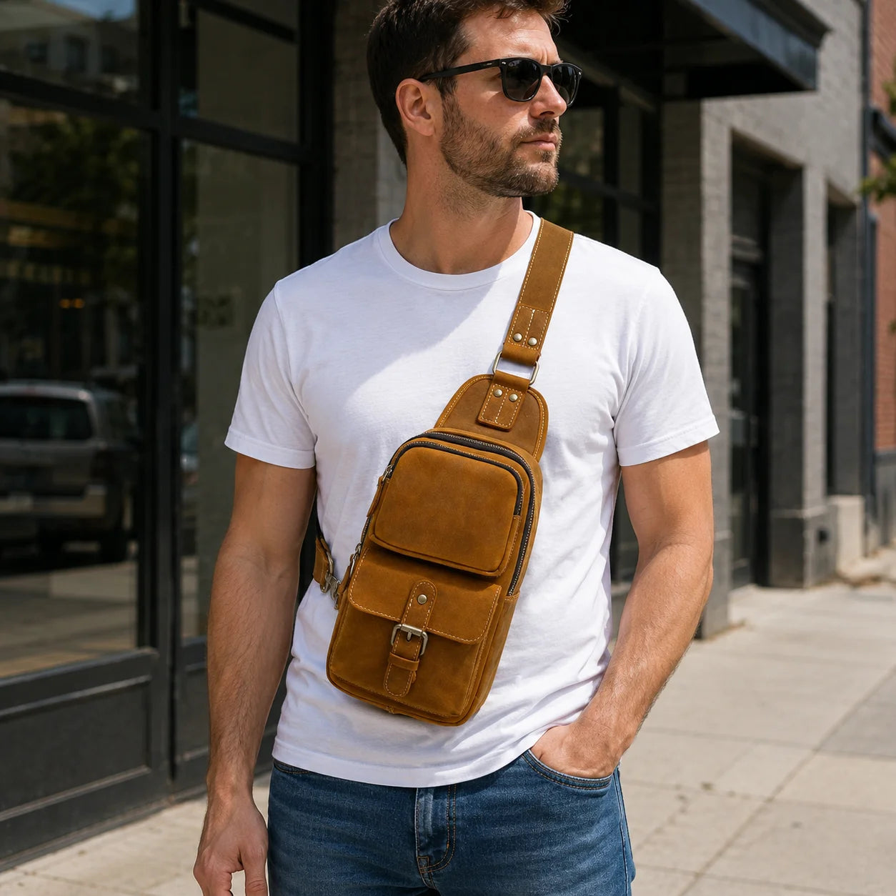 Men’s Leather Sling Bag - Crazy Horse Flap Chest Bag
