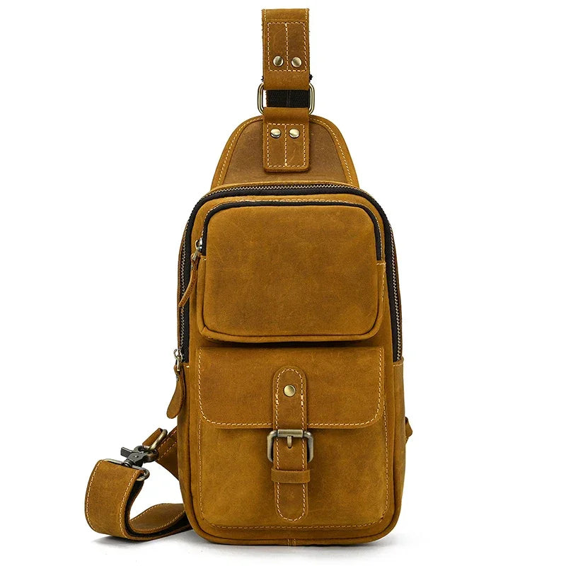 Men’s Leather Sling Bag - Crazy Horse Flap Chest Bag