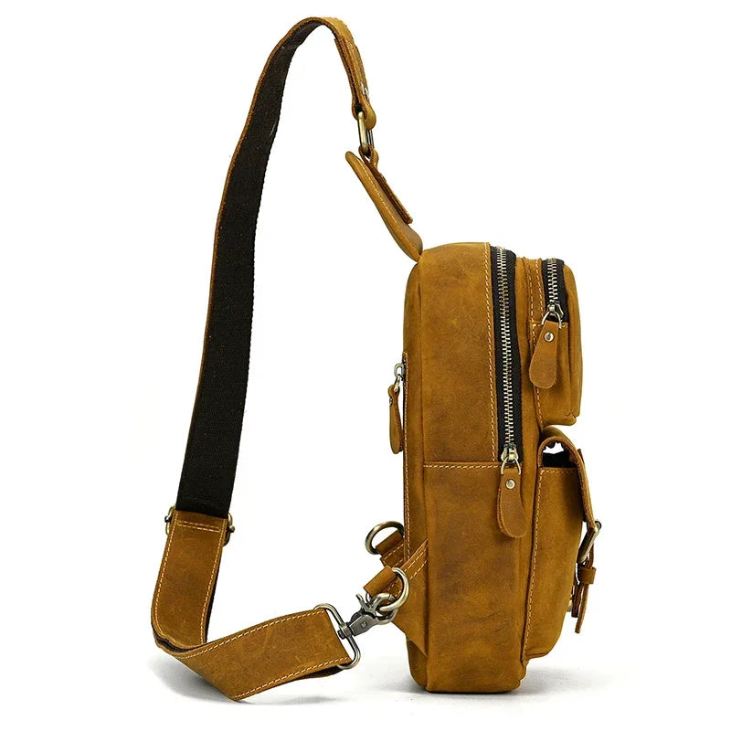 Men’s Leather Sling Bag - Crazy Horse Flap Chest Bag