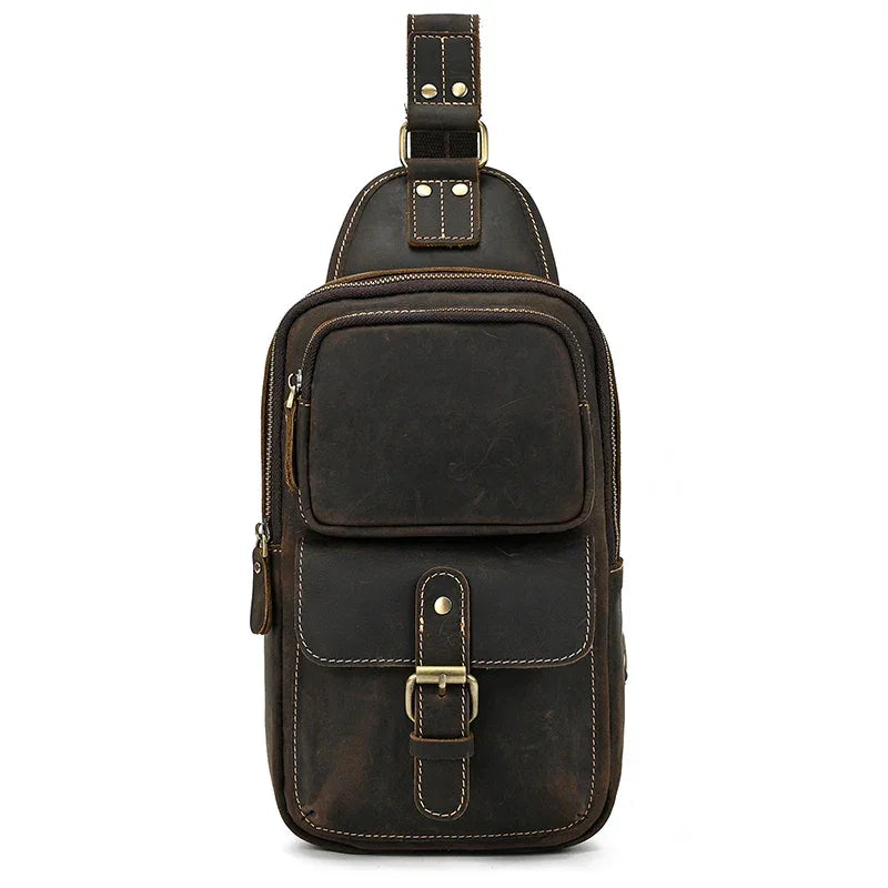 Men’s Leather Sling Bag - Crazy Horse Flap Chest Bag