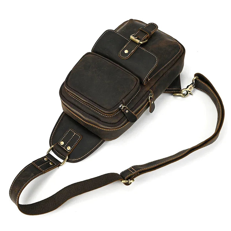 Men’s Leather Sling Bag - Crazy Horse Flap Chest Bag