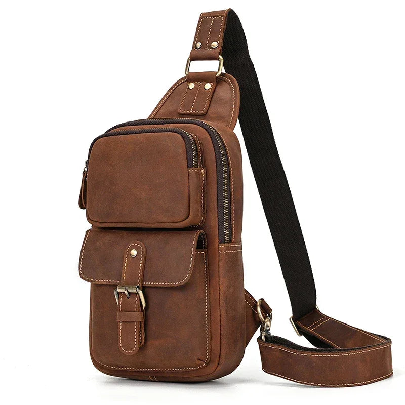 Men’s Leather Sling Bag - Crazy Horse Flap Chest Bag