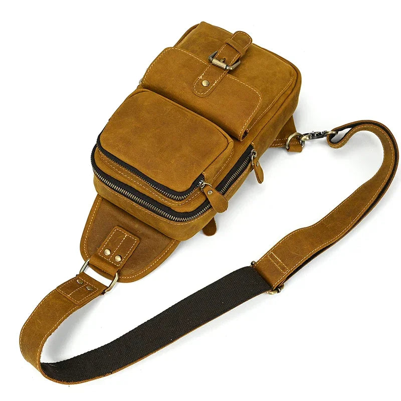 Men’s Leather Sling Bag - Crazy Horse Flap Chest Bag