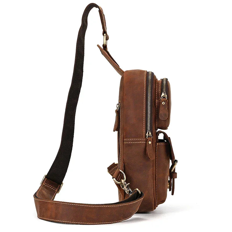 Men’s Leather Sling Bag - Crazy Horse Flap Chest Bag