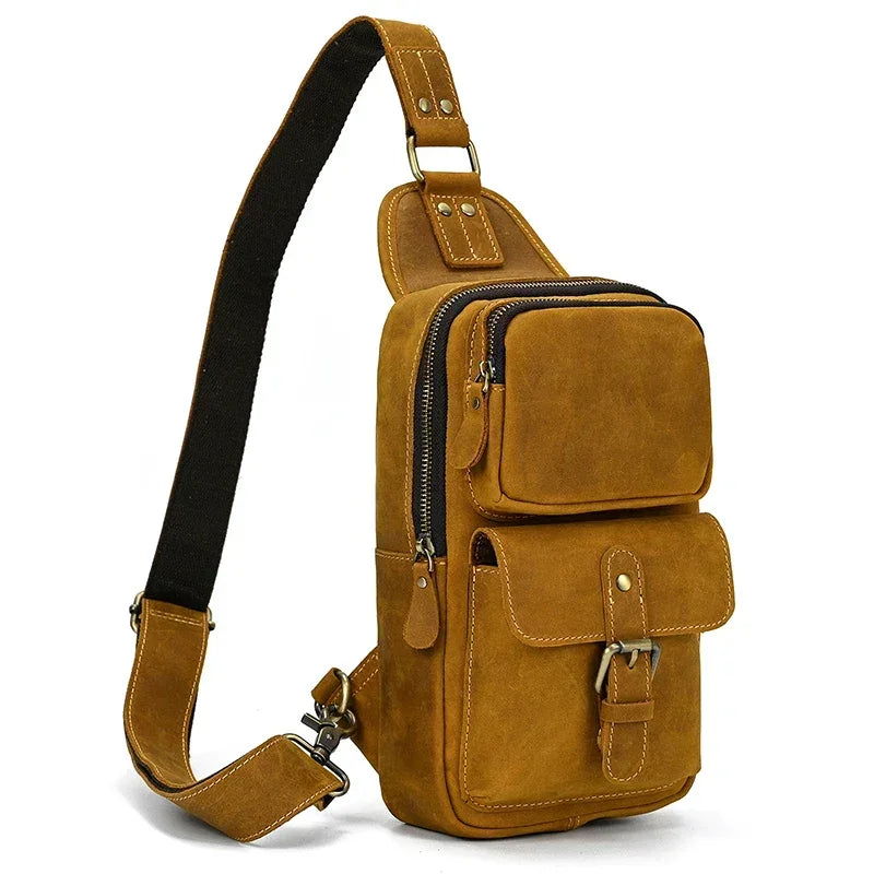 Men’s Leather Sling Bag - Crazy Horse Flap Chest Bag - Light Brown