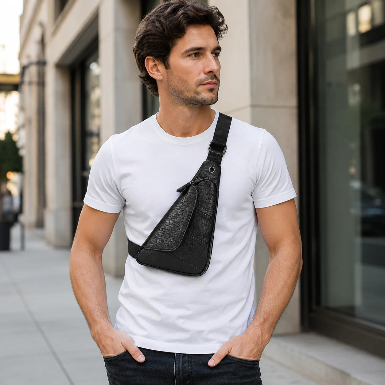 Men’s Leather Sling Bag - Genuine Cowhide Chest Pack