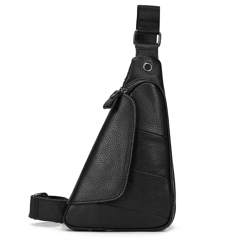 Men’s Leather Sling Bag - Genuine Cowhide Chest Pack - Black