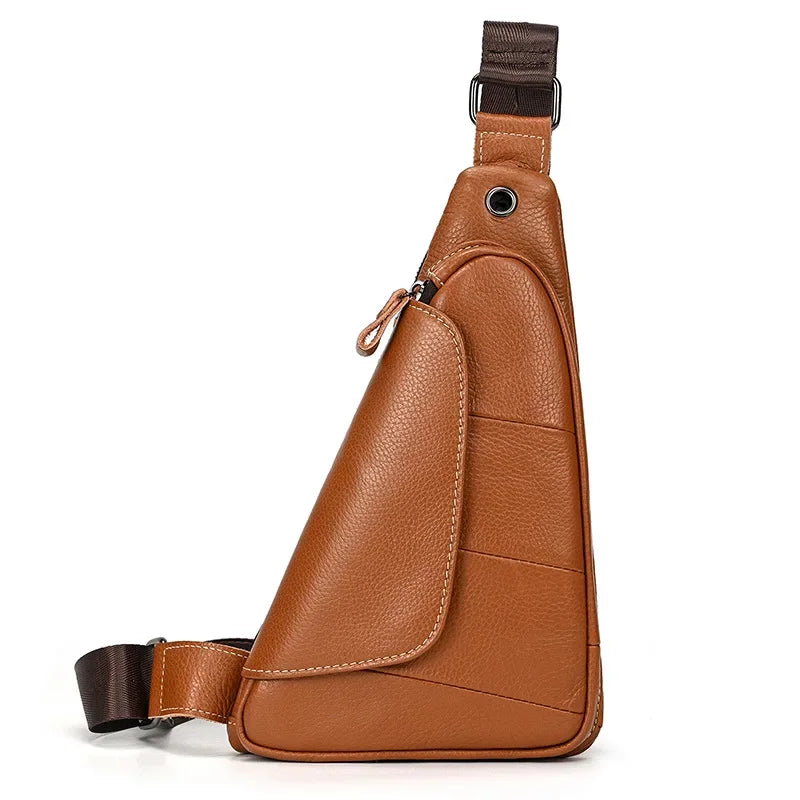 Men’s Leather Sling Bag - Genuine Cowhide Chest Pack - Brown