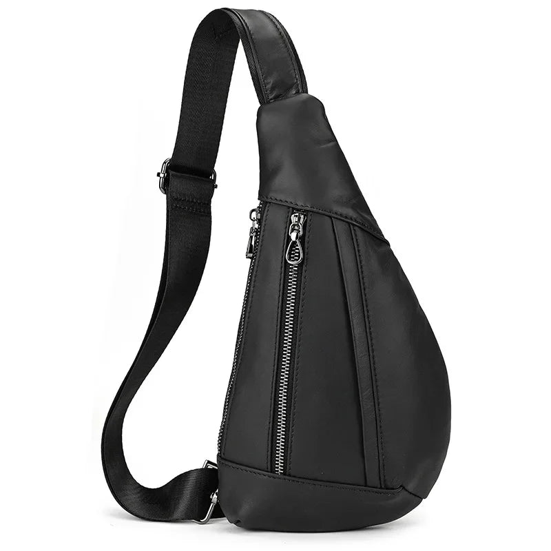 Men’s Leather Sling Bag - Oil Wax Cowhide Compact Chest Pack - Black