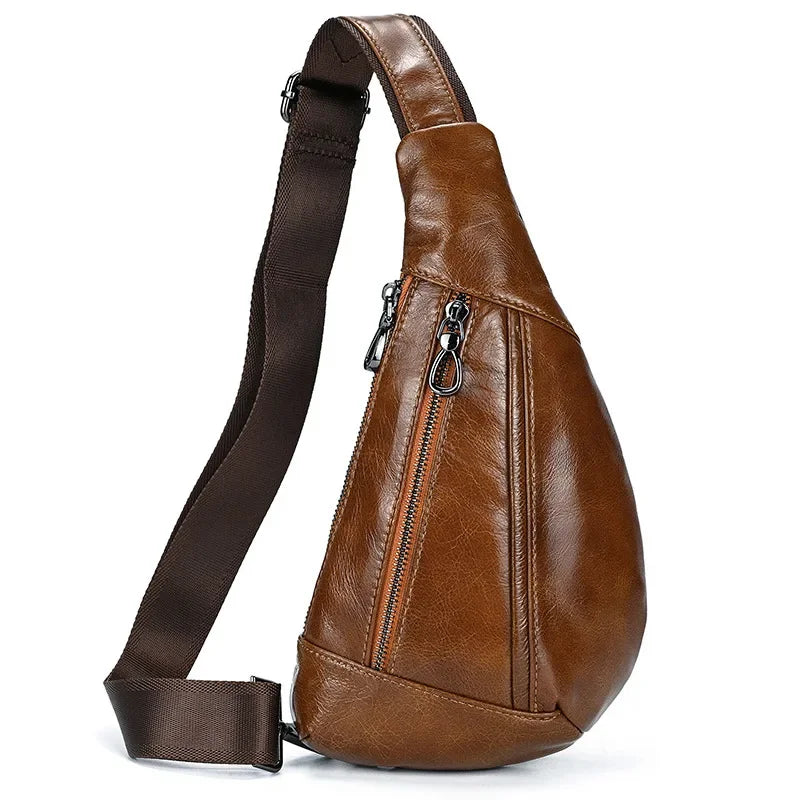 Men’s Leather Sling Bag - Oil Wax Cowhide Compact Chest Pack - Cognac