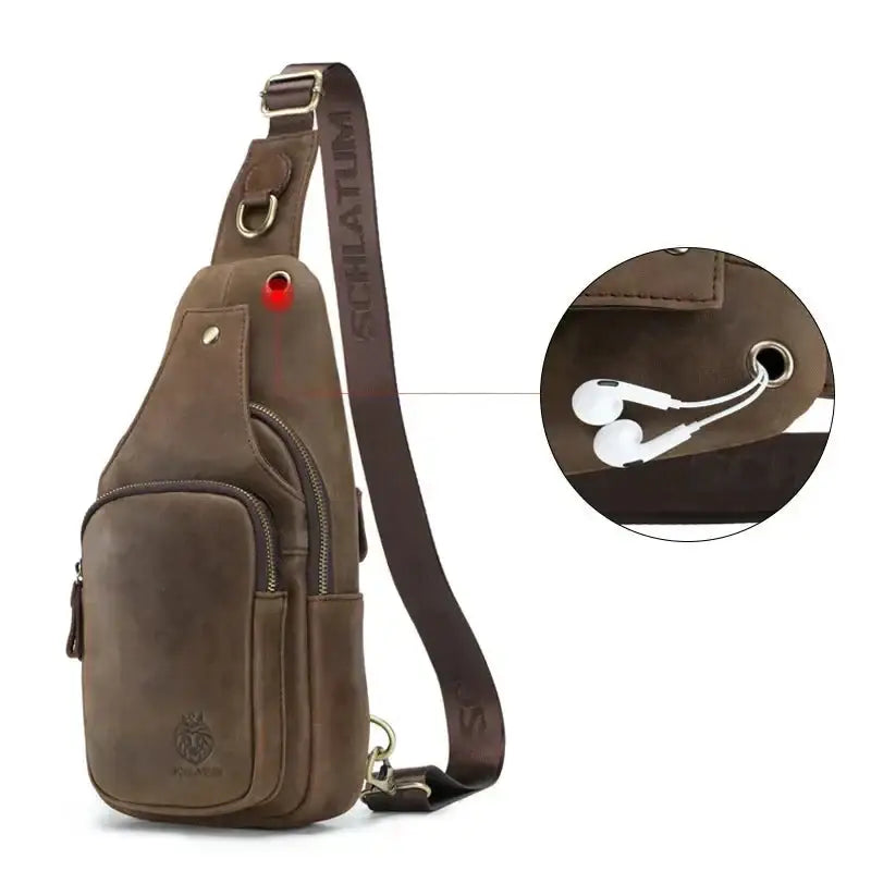 Men’s Leather Sling Bag – Slim Chest Carry with Zippered Pockets