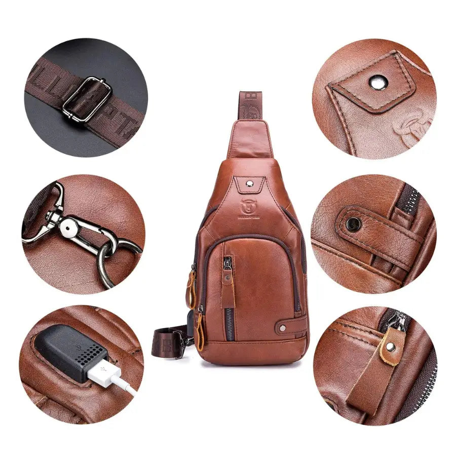 Men’s Leather Sling Bag – Vertical Multi-Pocket Chest Bag